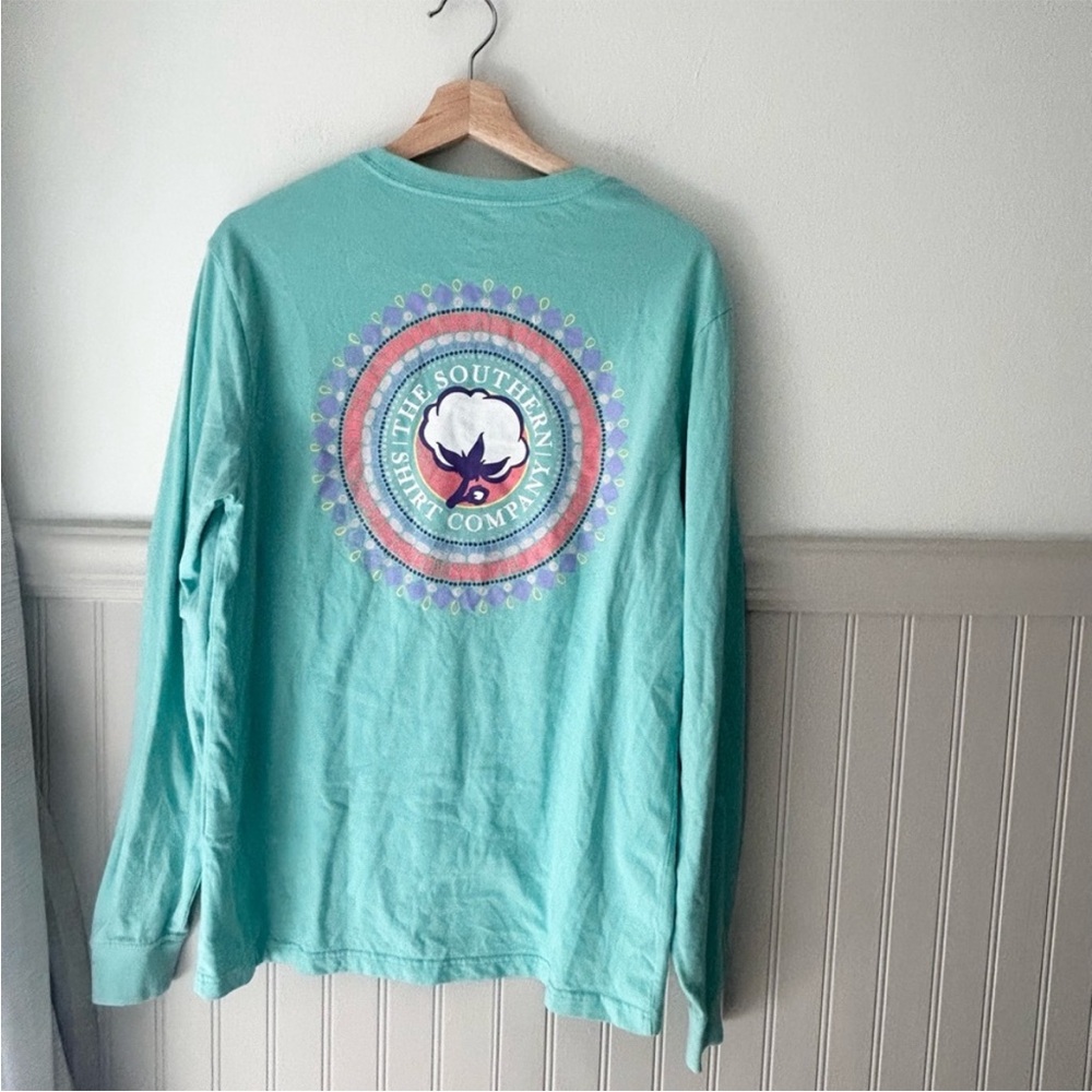 The Southern Shirt Company Aqua Long Sleeve Tee Small Front Pocket Graphic Back
